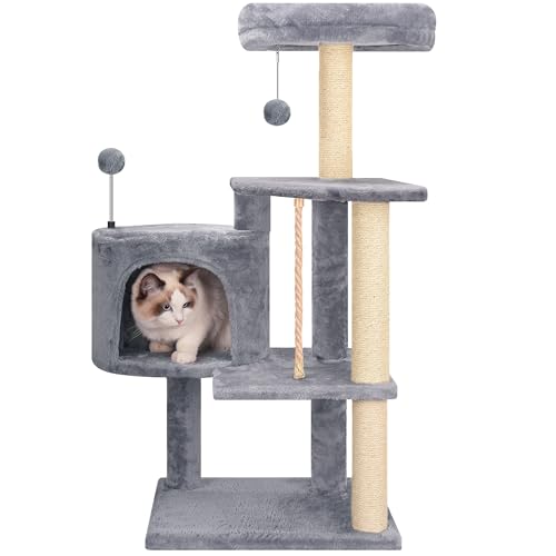 Multifunctional Grey Cat Tree with Condo, Perches, Scratching Posts and Hanging Rope C9055