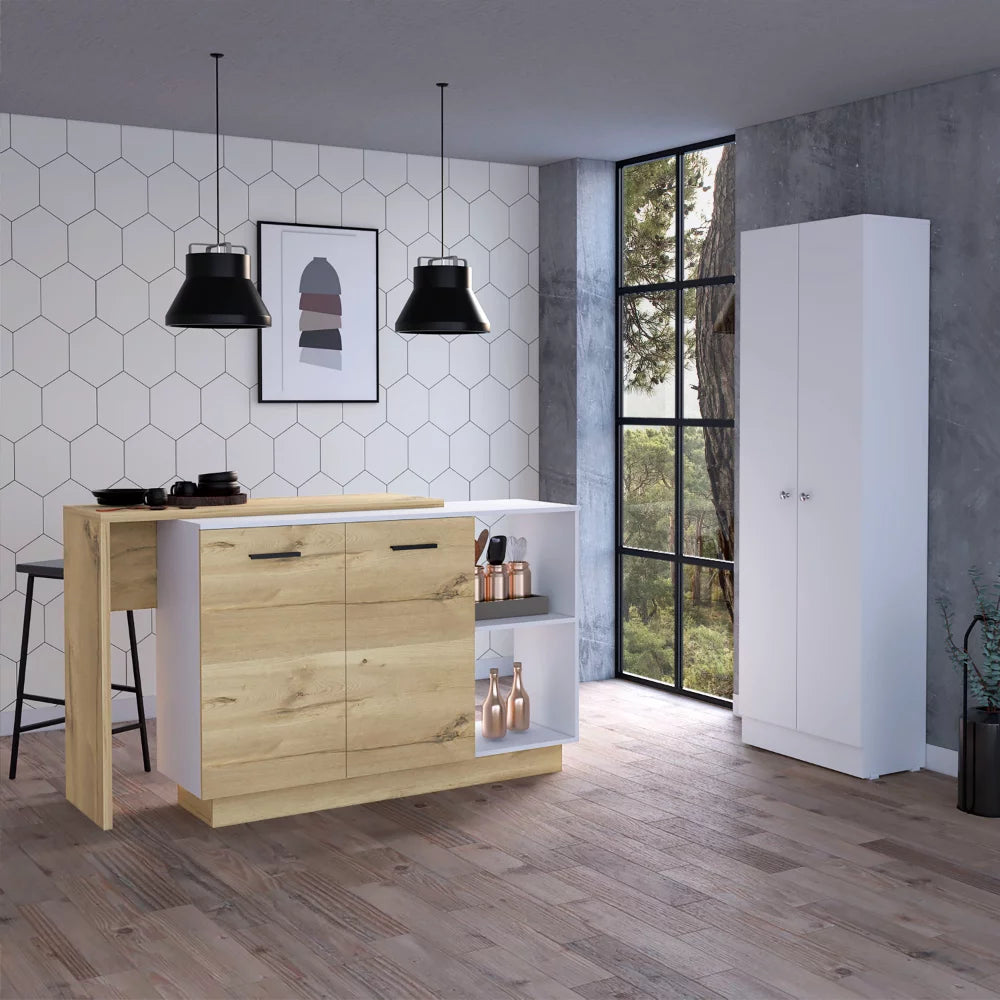2-Piece White and Light Oak Kitchen Island and Pantry Cabinet Y4178