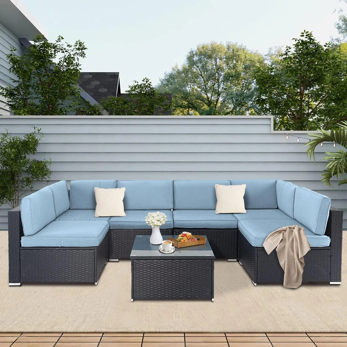Black Wicker Rattan 7-piece Sectional Sofa Set O59513