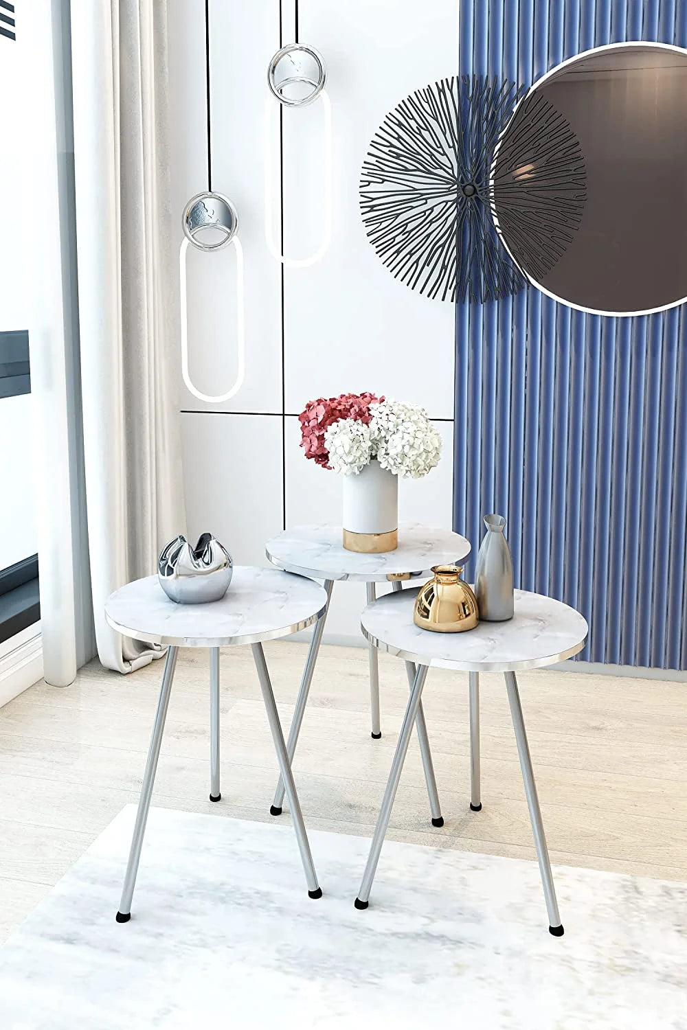Round Nesting End Tables White Marble Silver E2473