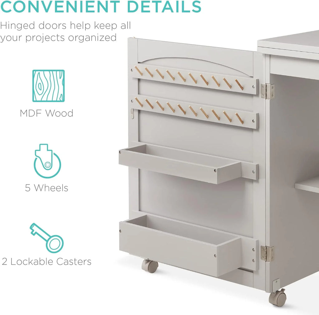 Folding Sewing Table Craft Station with Wheels Shelves Bins Gray C56397