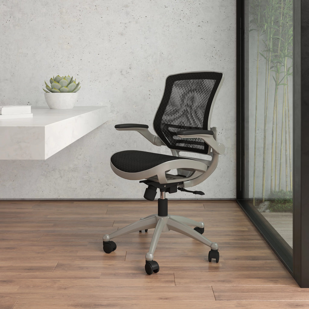 Mid-Back Transparent Black Mesh Executive Swivel Office Chair with Flip-Up Arms X756338