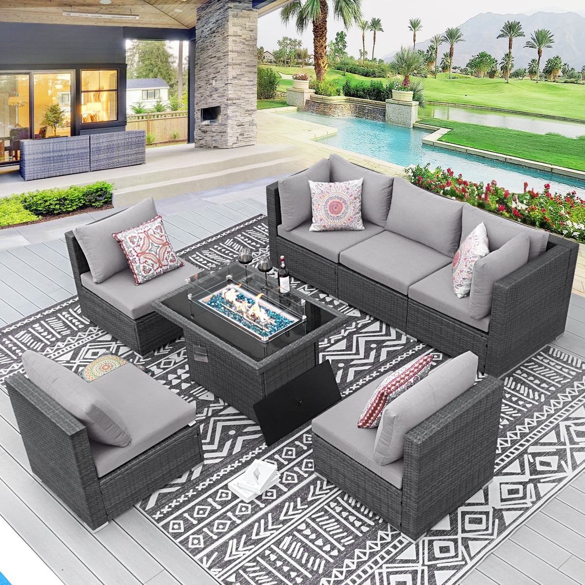 7 Pcs Wicker Outdoor Furniture with Fire Pit Table A82495