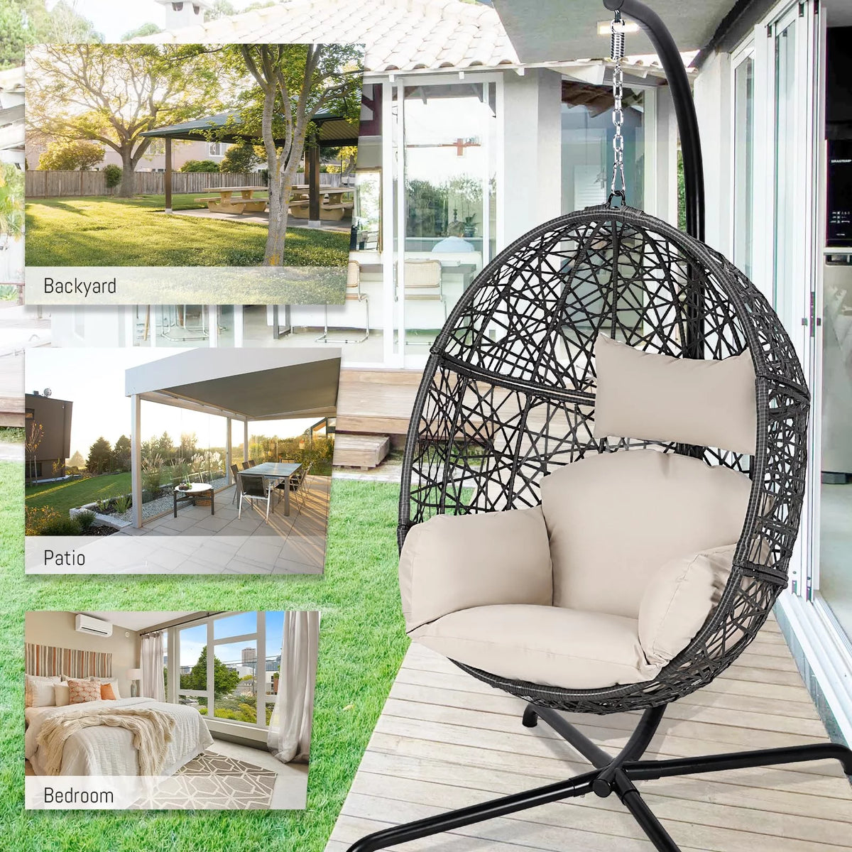 Oversized Black Hanging Swing Egg Chair with Stand T763