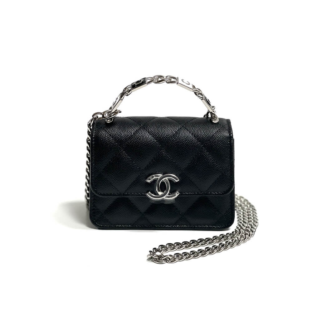 Enamel Handle Clutch with Chain in Grained Calfskin Y41522