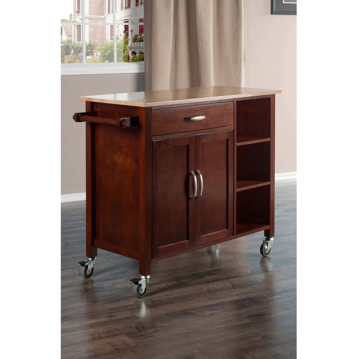Beige and Brown Walnut Kitchen Cart with Drawer and Cabinet O582