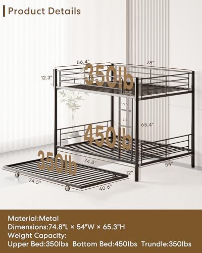 Full Over Full Bunk Bed with Trundle and Ladder, Black J306