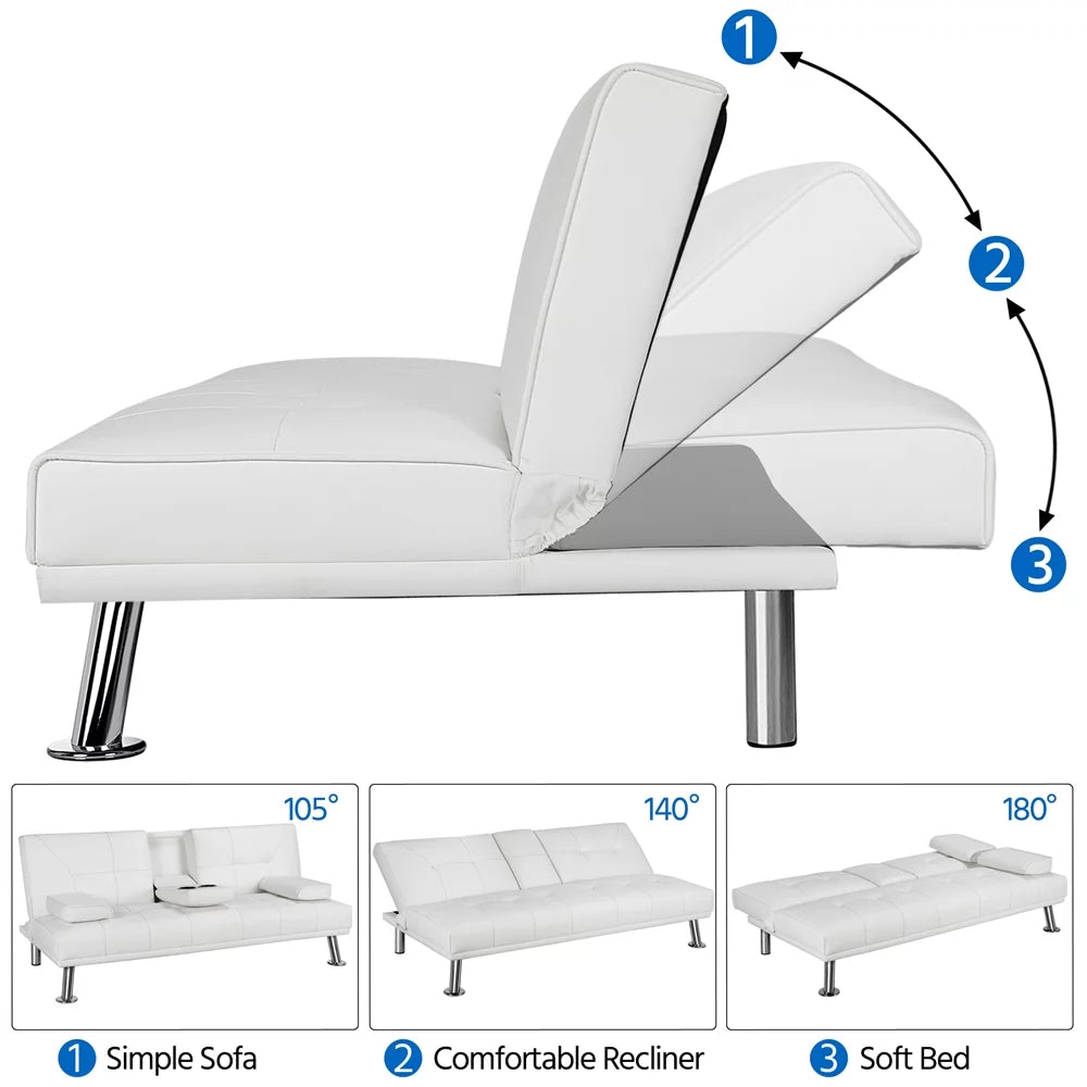 White Faux Leather Futon with Cupholders and Pillows Q420776