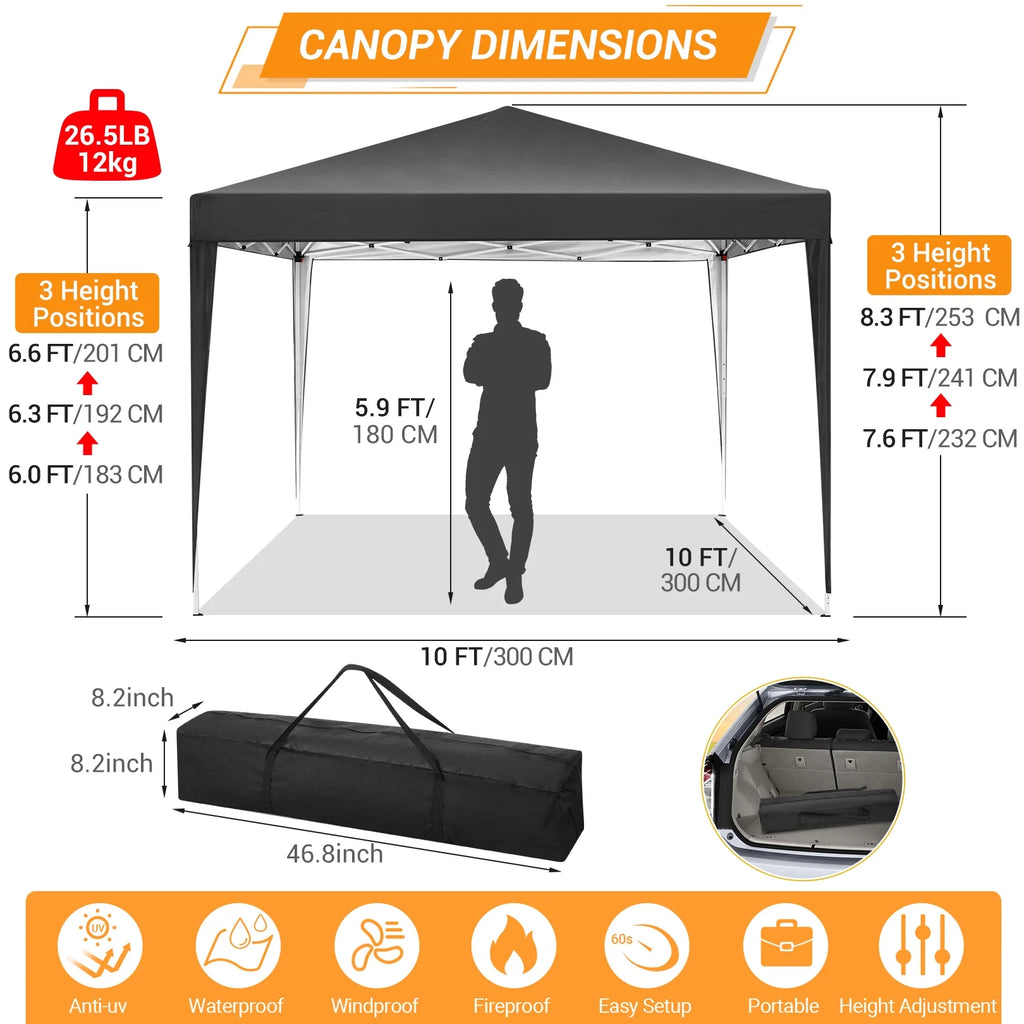 10 x 10 FT Black Pop-Up Canopy with Carrying Bag E2716