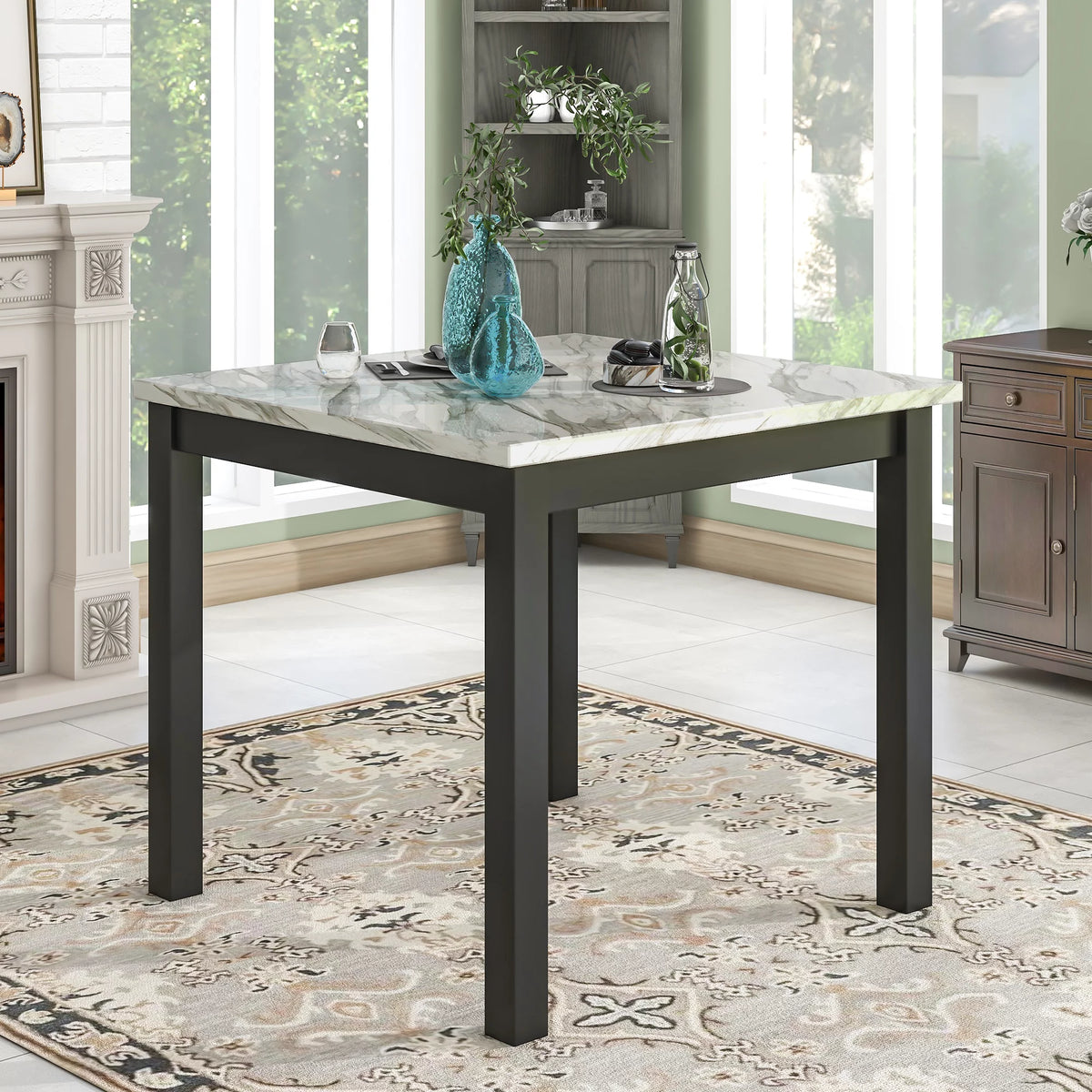 Blue 5-Piece Faux Marble Dining Table Set with 4 Upholstered Chairs X35922