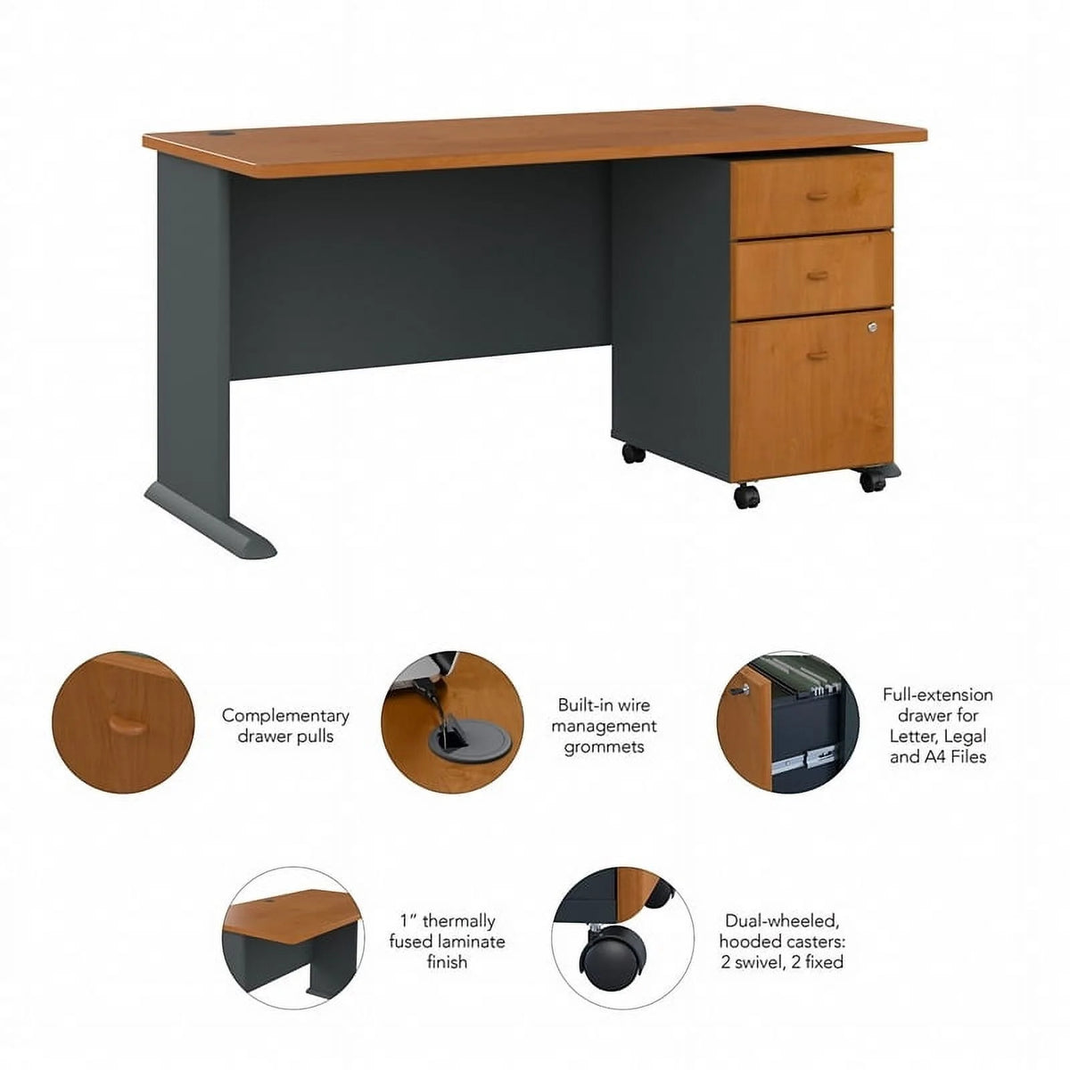 60" Transitional Wood Desk with Drawers in Cherry J720