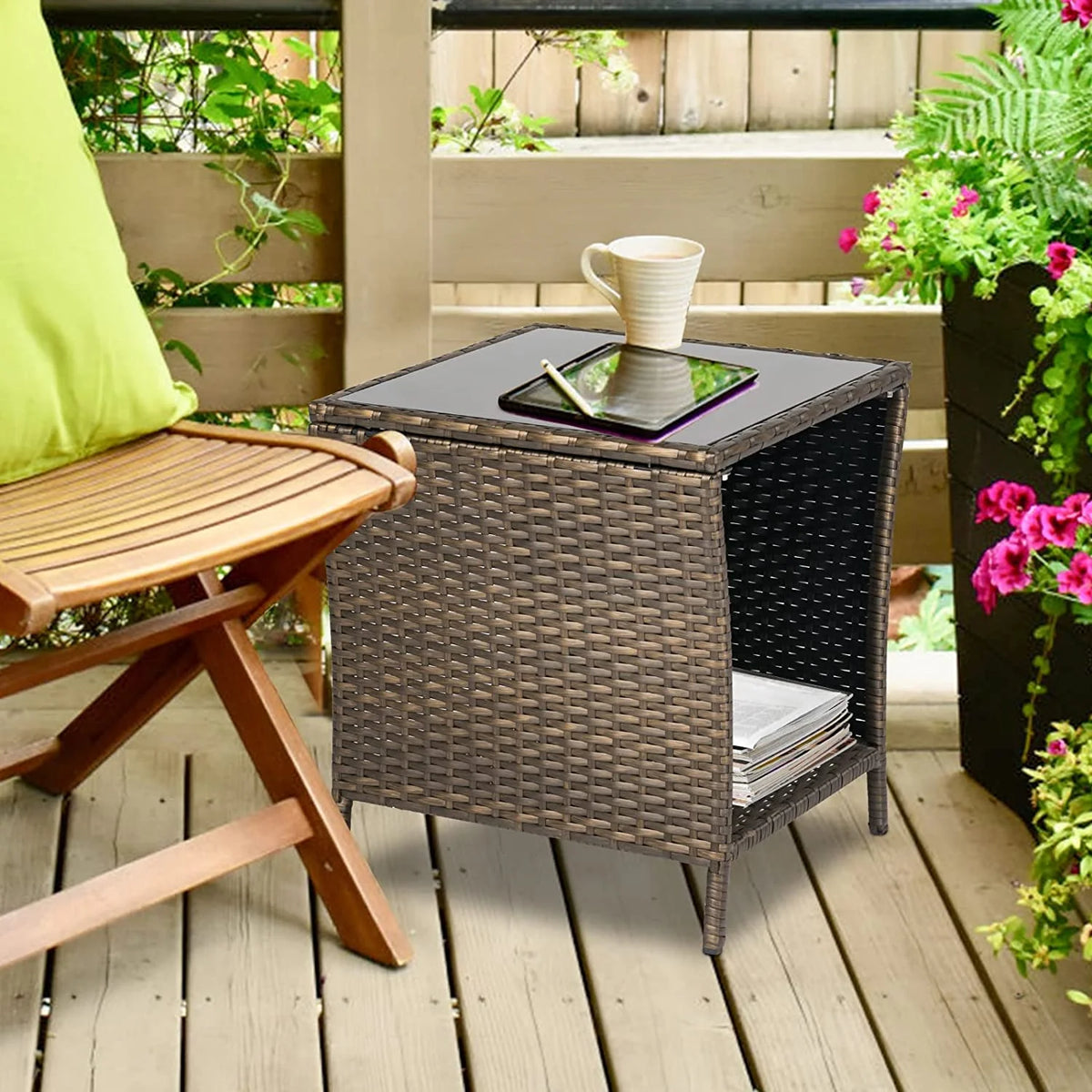 Brown Wicker Rattan Side Table with Storage T109