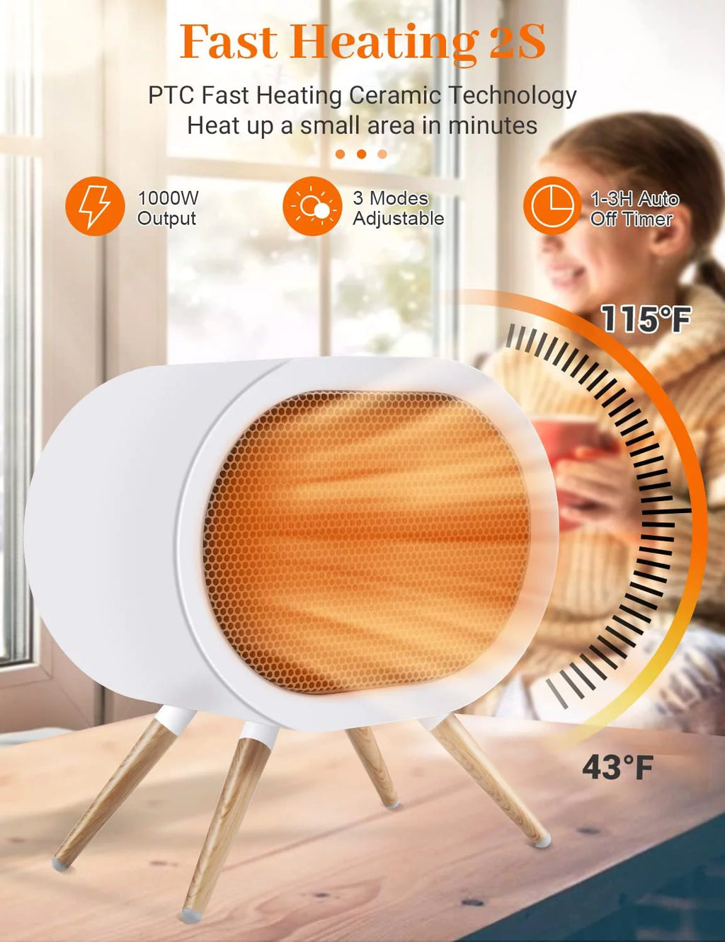 1000W PTC Ceramic Electric Space Heater White Z6713