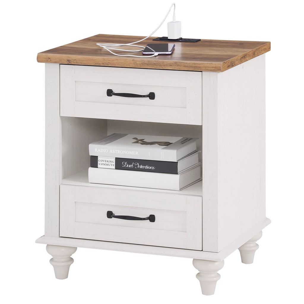White and Brown Nightstand with Charging Station and Drawer I120055