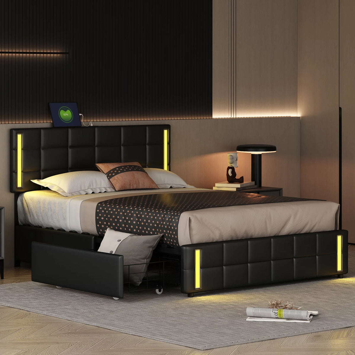 Queen Size Upholstered Platform Bed with LED Lights and USB Charging, 4 Drawers, Black S92292