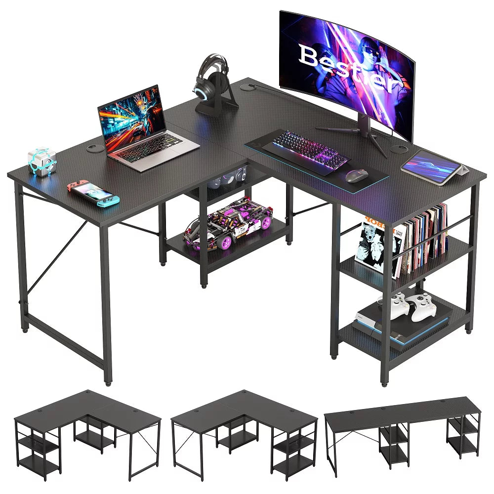 86.6 inch L-Shaped Reversible Computer Desk with Shelves V969