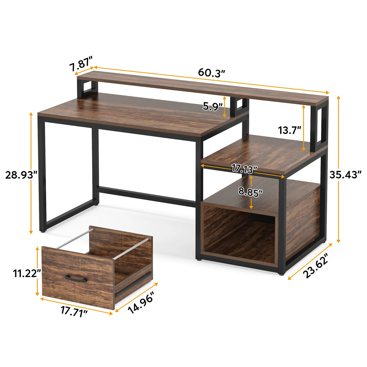 60 inch Computer Desk with File Drawer and Storage Shelves T714