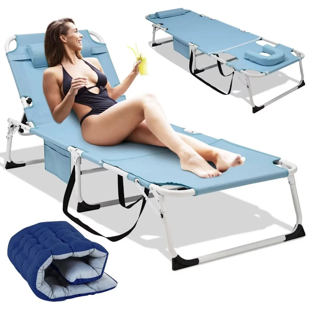 Adjustable 5-Position Folding Chaise Lounge Chair with Mattress and Pillow E365472