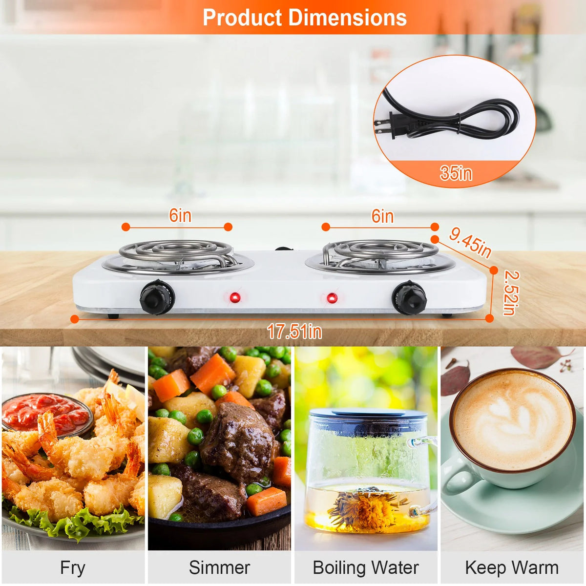 2000W Portable Electric Double Burner White H748626