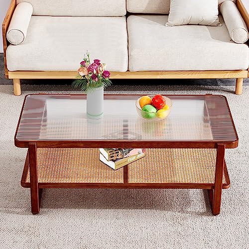 Rattan Coffee Table with Tempered Glass Top W85795