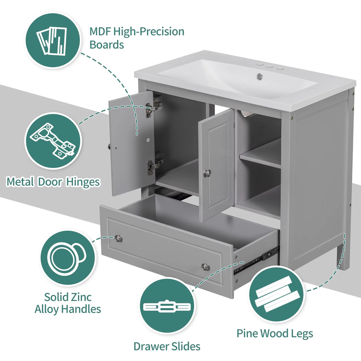 Grey 30" Wood Bathroom Vanity Base with Doors and Shelf K79371