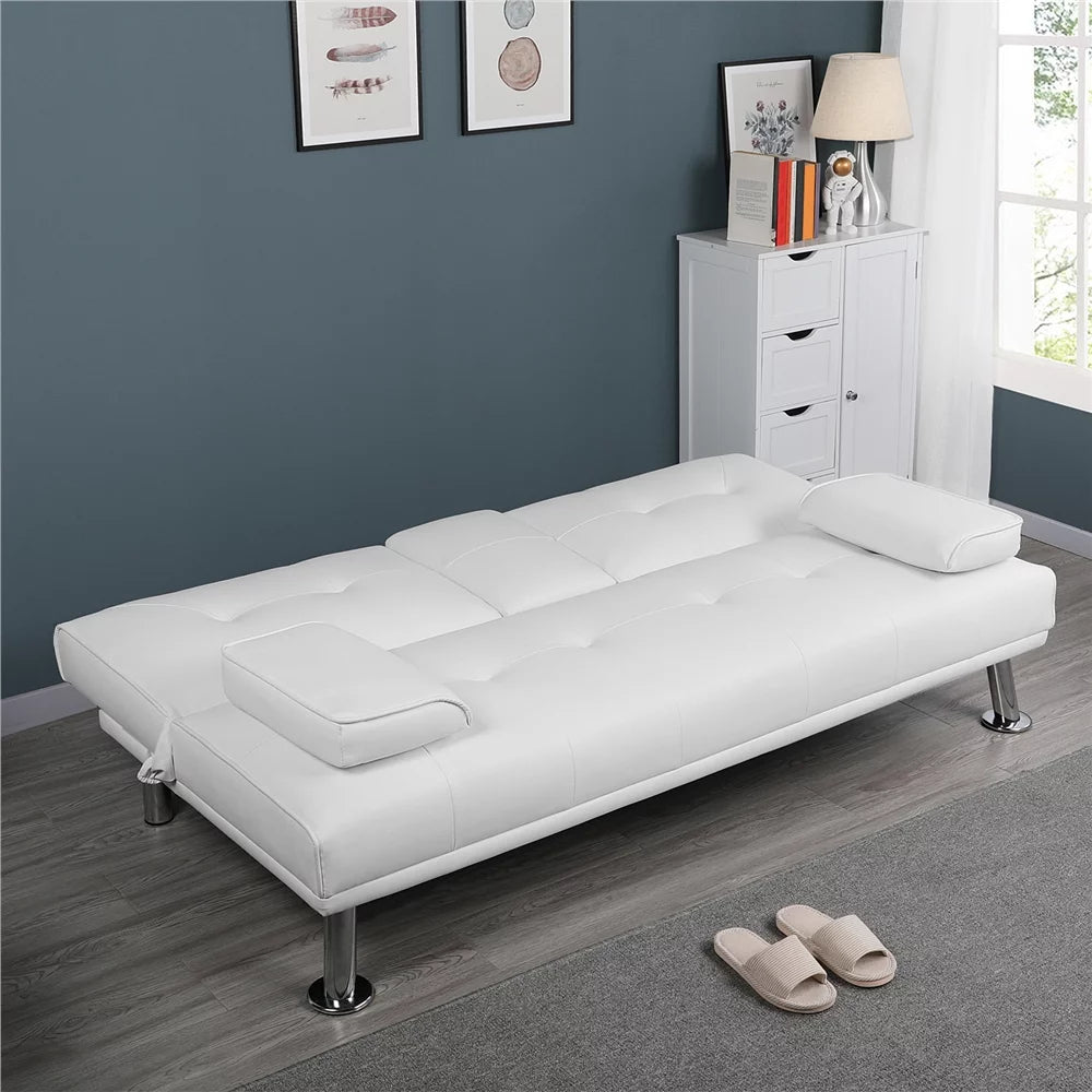 White Faux Leather Futon with Cupholders and Pillows Q420776
