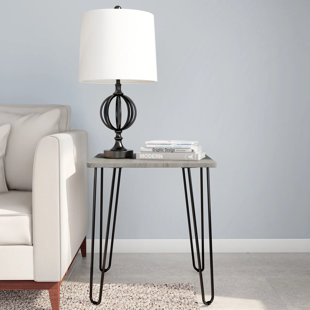Modern End Table with Hairpin Legs and Woodgrain Finish Gray R697