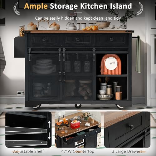 Black Rolling Kitchen Island with Drop Leaf L891