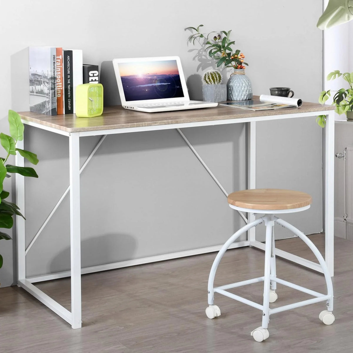 47.2 Inch Light Brown and White Computer Desk with Metal Frame W846