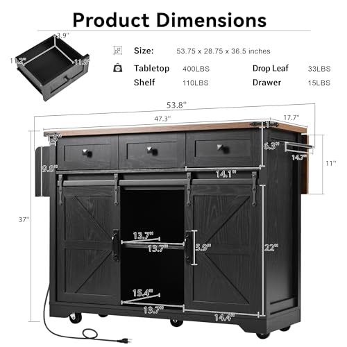 Black Rolling Kitchen Island with Drop Leaf L891