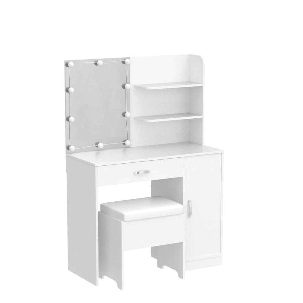 White Makeup Vanity Table Set with Lighted Mirror and Stool L27358