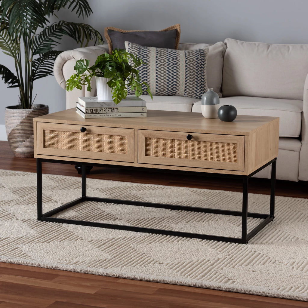 Natural Brown Wood and Rattan 2-Drawer Coffee Table G166