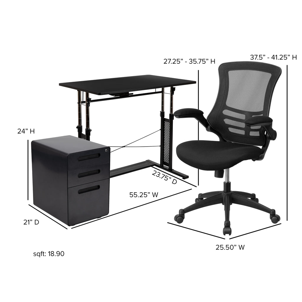 Adjustable Computer Desk, Ergonomic Mesh Office Chair and Mobile Filing Cabinet W943