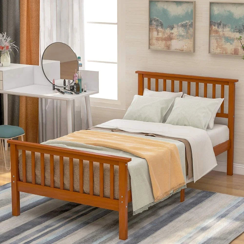 Pine Wood Low Profile Platform Bed, Twin, Oak S8307
