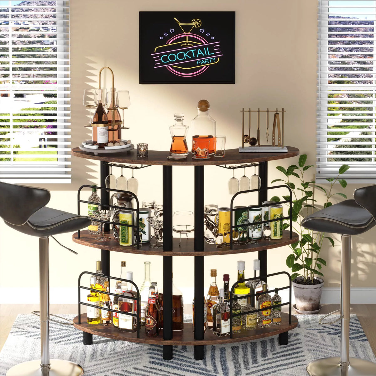 Rustic Brown 3 Tier Wine Bar Cabinet with Storage Shelves A379607