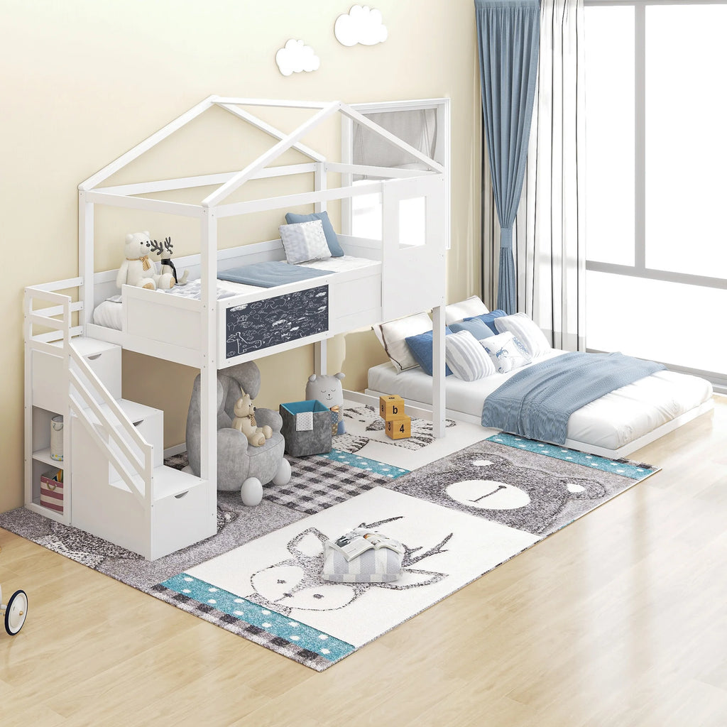 White Solid Wood Twin over Full Bunk Bed with Storage Staircase X91123