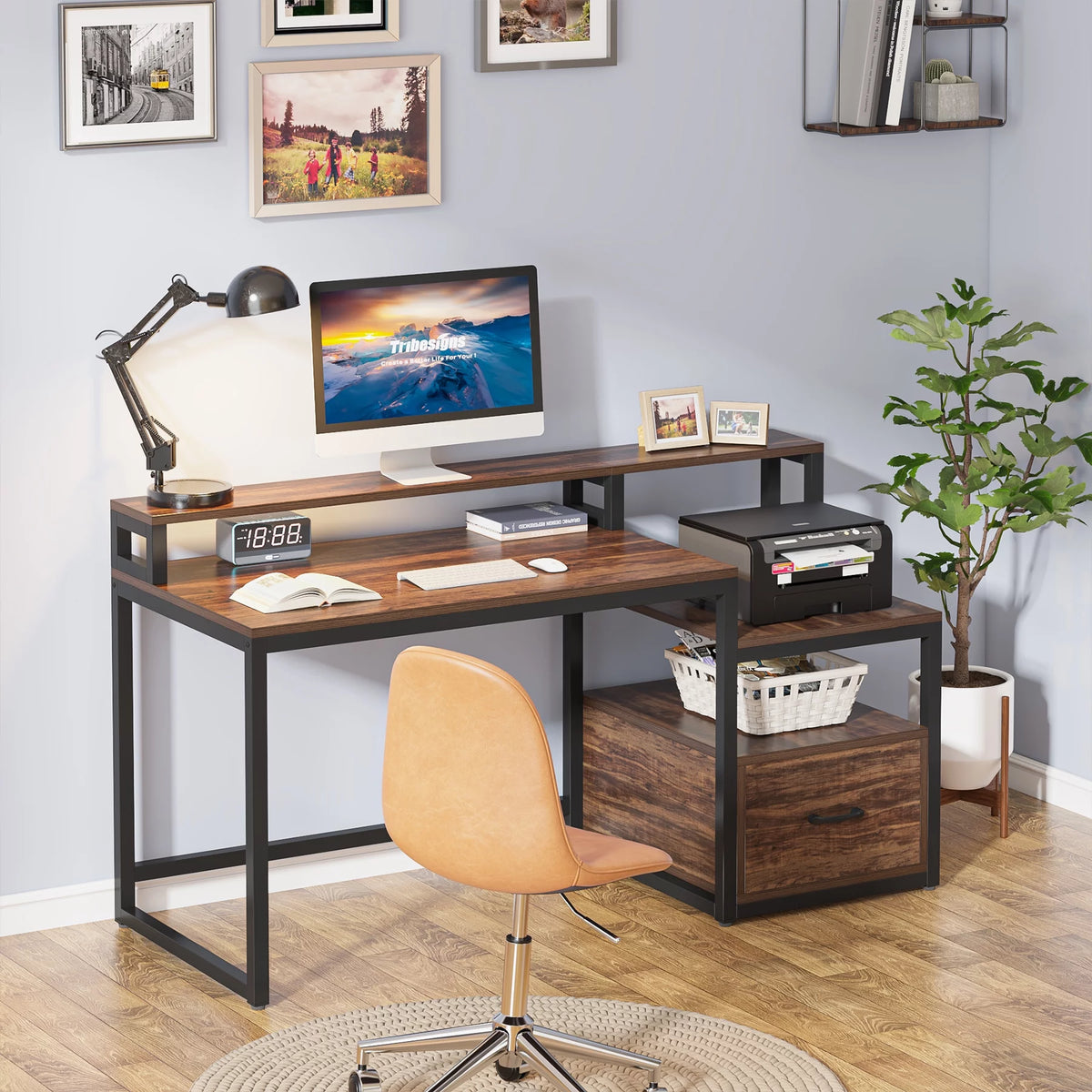 60 inch Computer Desk with File Drawer and Storage Shelves T714