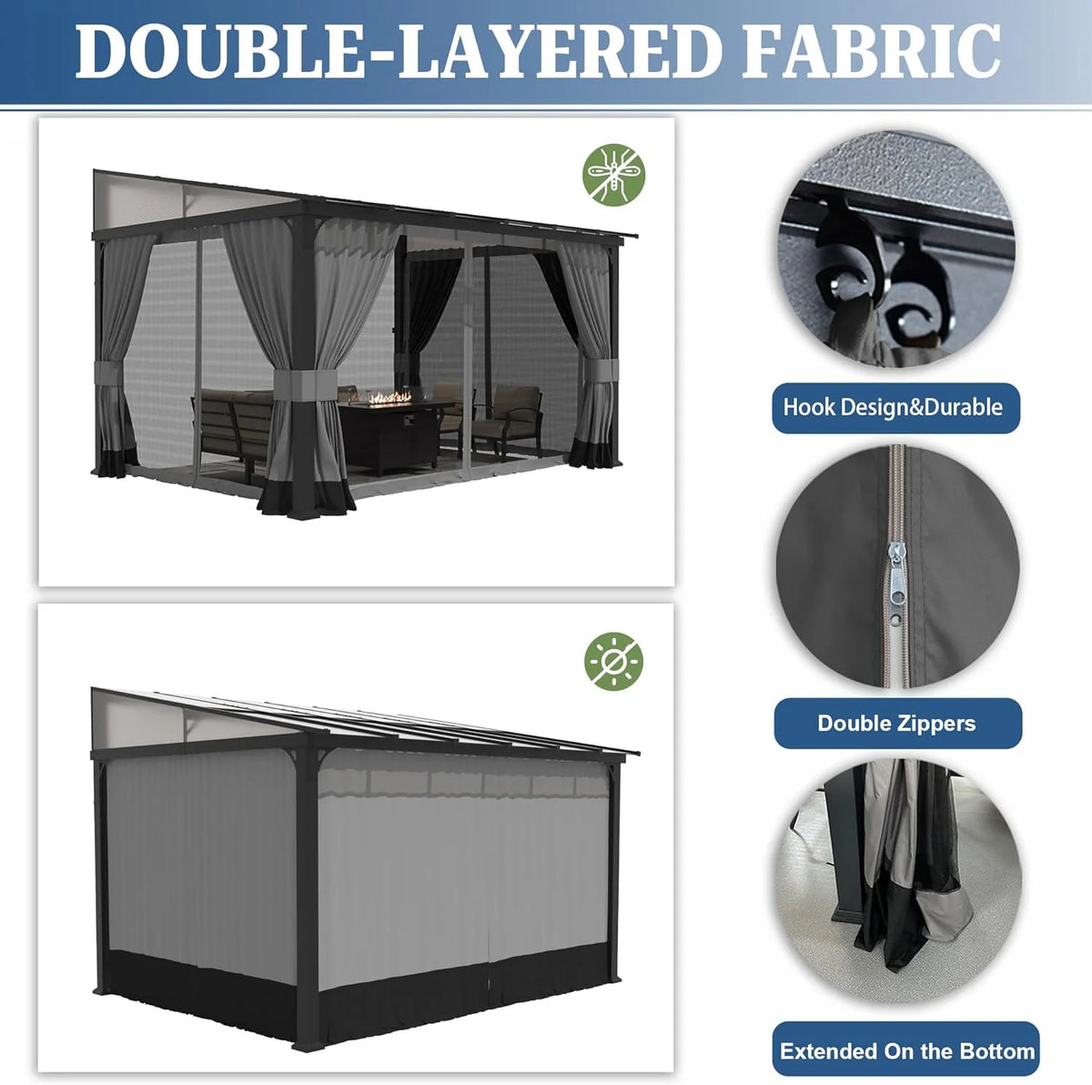 10x24FT Hardtop Wall Mounted Gazebo with Metal Frame and Curtains, Grey P4580