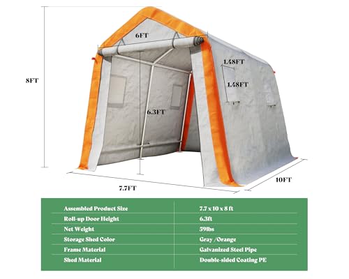 10.5x12x8 FT Heavy Duty Portable Shed Storage Shelter with 4 Waterproof Windows & Roll-up Zipper Door, Grey D11582