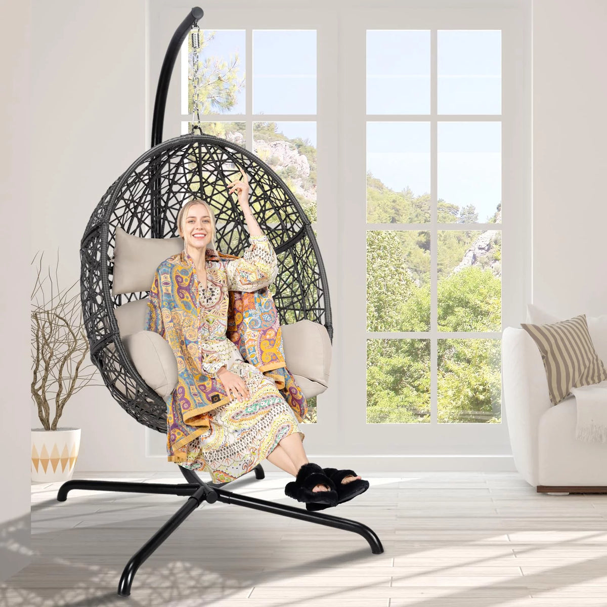 Oversized Black Hanging Swing Egg Chair with Stand T763