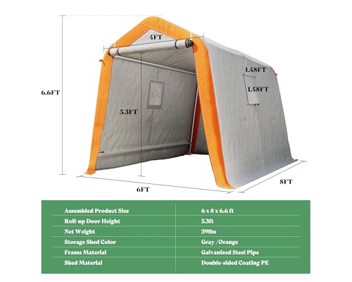 10.5x12x8 FT Heavy Duty Portable Shed Storage Shelter with 4 Waterproof Windows & Roll-up Zipper Door, Grey D11582