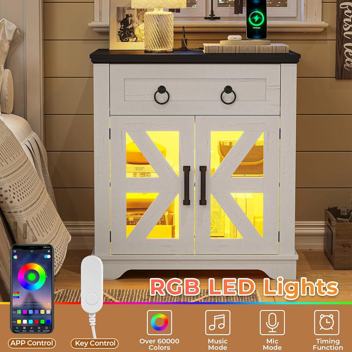 White Glass Door End Table with LED Lights and USB Port V83952