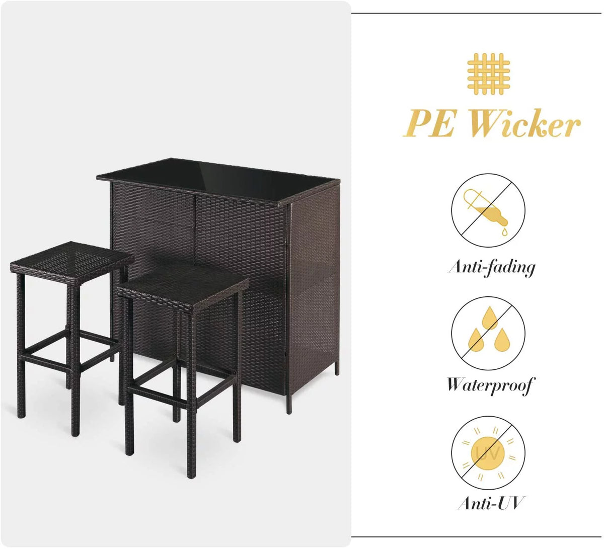 3-Piece Outdoor Wicker Bar Set with Cushions Y93285