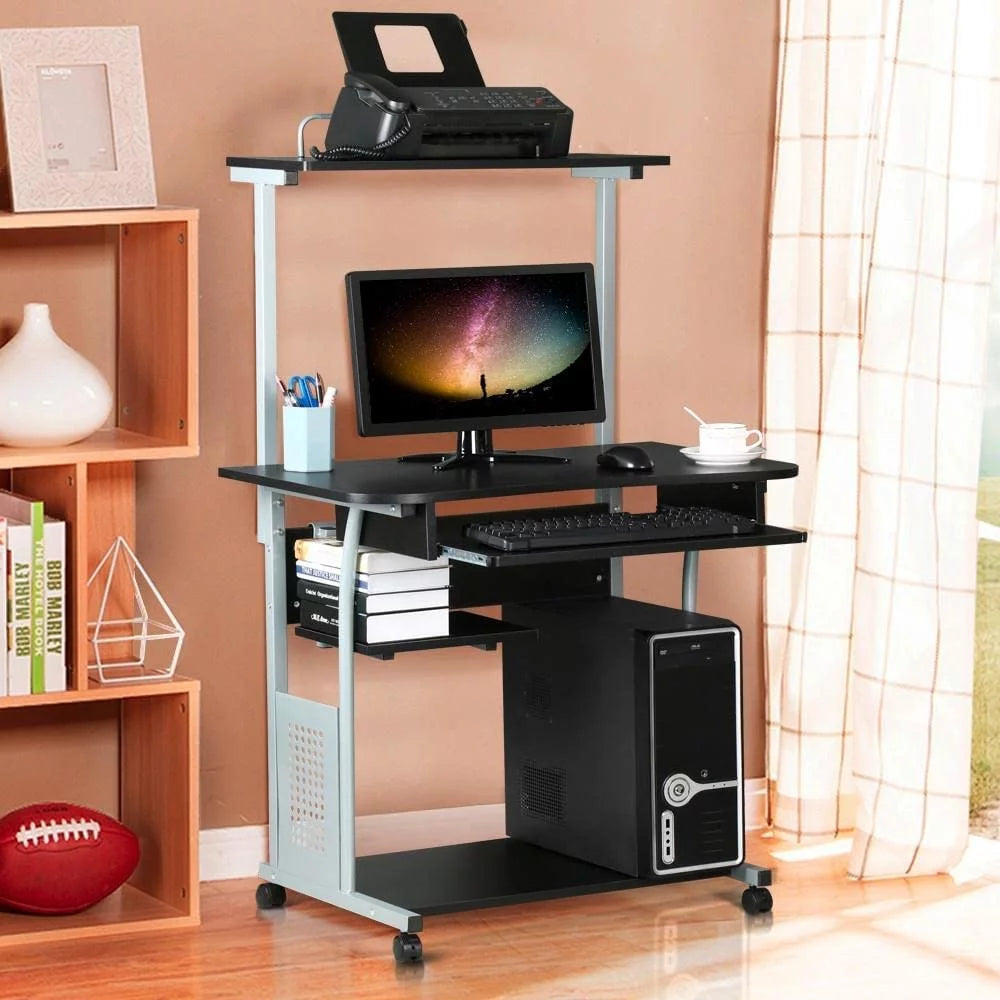 Black 2 Tier Mobile Computer Desk with Printer Shelf Q94175