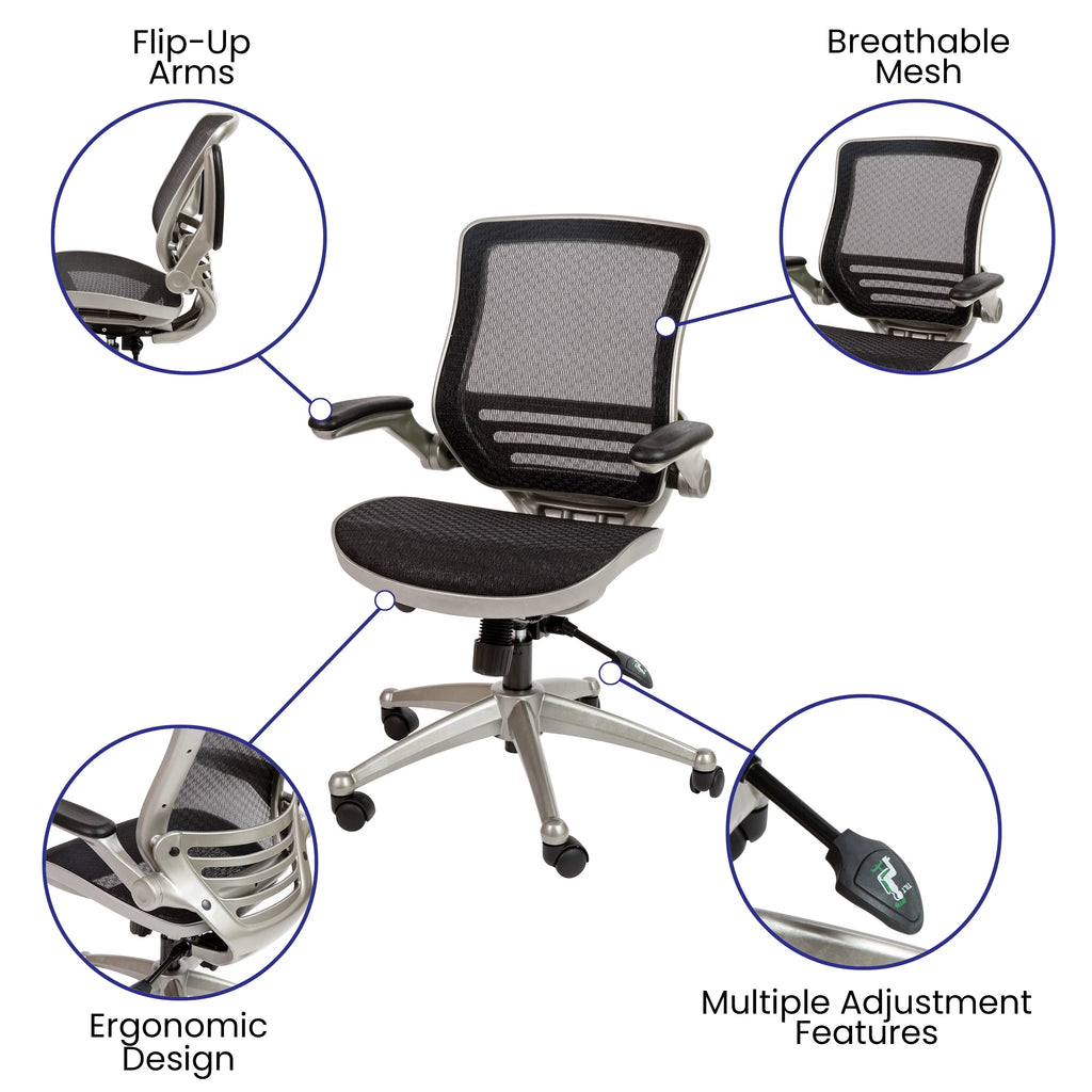 Mid-Back Transparent Black Mesh Executive Swivel Office Chair with Flip-Up Arms X756338