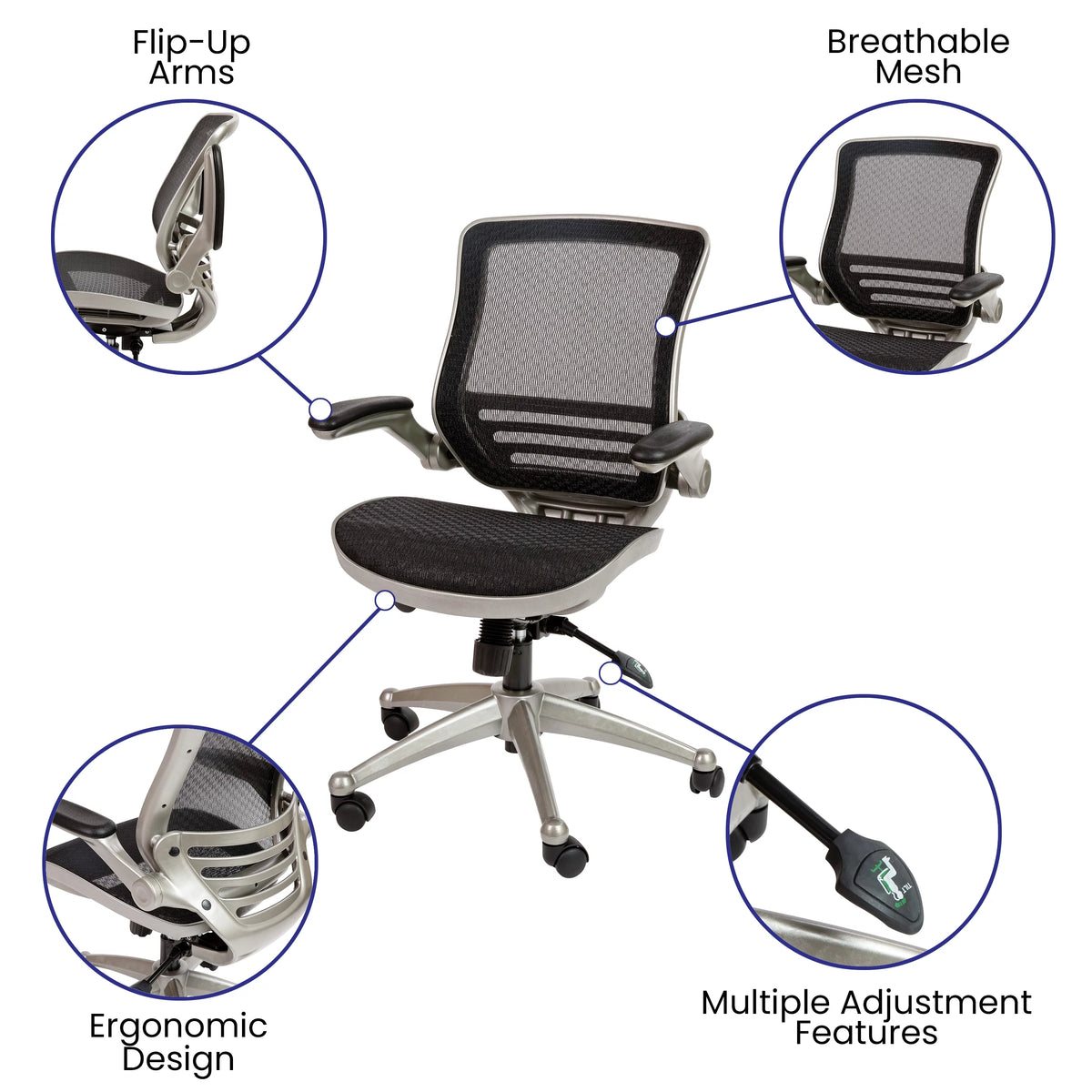 Mid-Back Transparent Black Mesh Executive Swivel Office Chair with Flip-Up Arms X756338