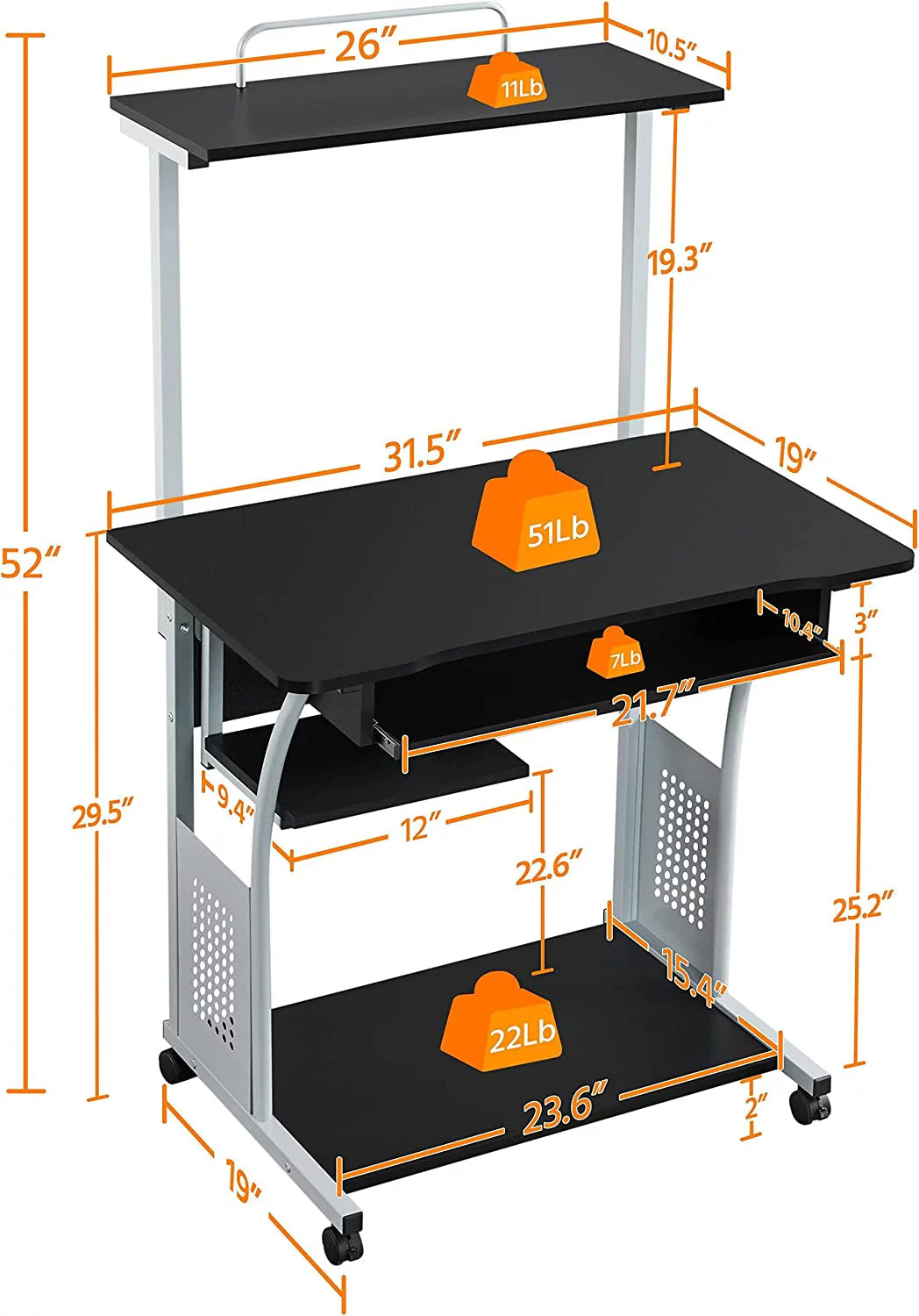 Black 2 Tier Mobile Computer Desk with Printer Shelf Q94175