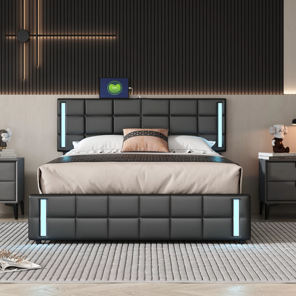 Queen Size Upholstered Platform Bed with LED Lights and USB Charging, 4 Drawers, Black S92292