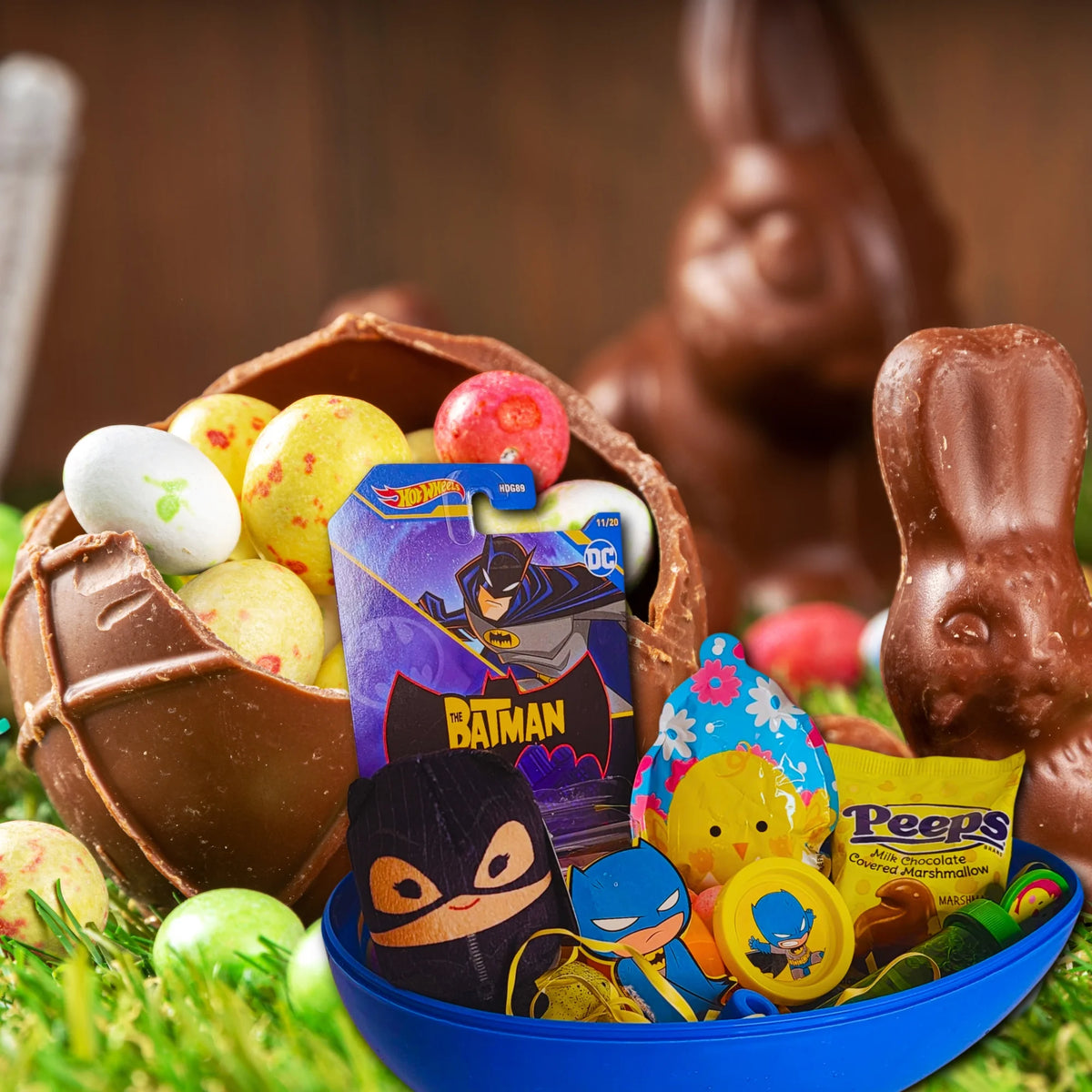 Pre-Filled Easter Basket with Plush Toy, Car, Balloon Eggs, Candies & Reusable Egg-Shaped Container X3544