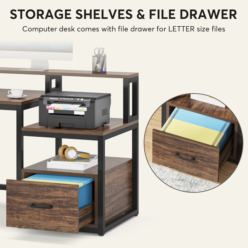 60 inch Computer Desk with File Drawer and Storage Shelves T714